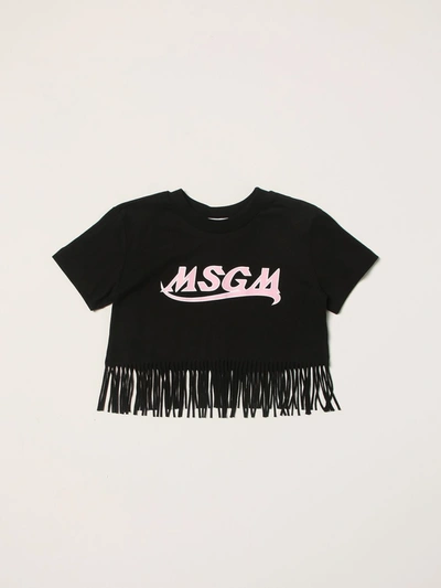 Msgm Kids' Embroidered Logo Cropped Cotton T-shirt In Black