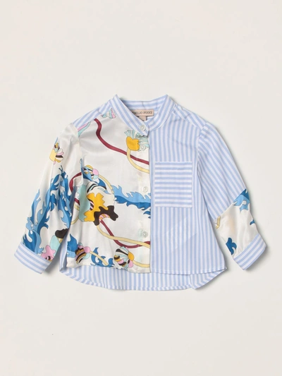 Emilio Pucci Babies' Striped Shirt With Patterned Panels In Sky Blue