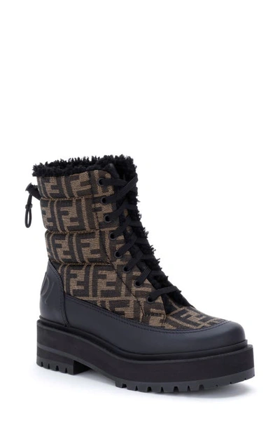 Fendi Signature Ff Logo Genuine Shearling Lined Combat Boot In Black