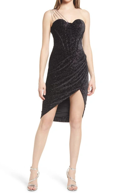 Lavish Alice One Shoulder Diamante Velvet Dress In Black