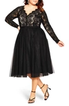 City Chic Rare Beauty Lace Bodice Long Sleeve Dress In Black