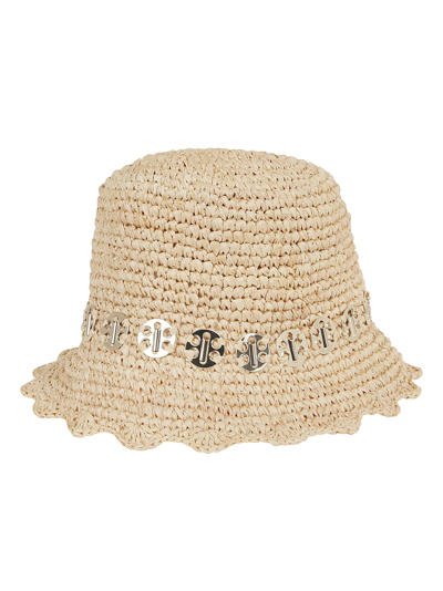 Paco Rabanne Embellished Scalloped Raffia Bucket Hat In Beige