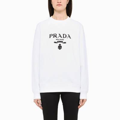 Prada White Crewneck Sweatshirt With Logo Embroidery