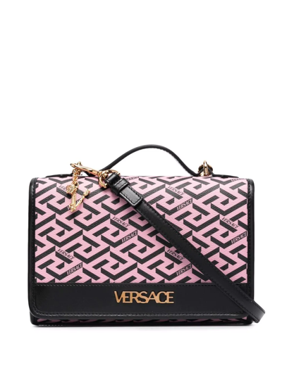 Versace La Greca Signature Leather Shoulder Bag In Candy Black
