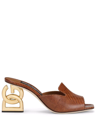Dolce & Gabbana Iguana-print Calfskin Mules With Dg Pop Heel In Beige
