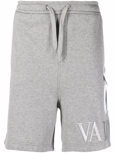 Valentino Logo Embroidery Cotton Jersey Shorts In Grey