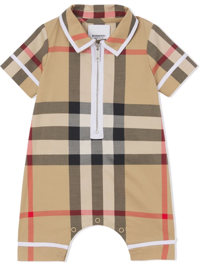 Burberry Baby Vintage Check Cotton-blend Playsuit In Beige