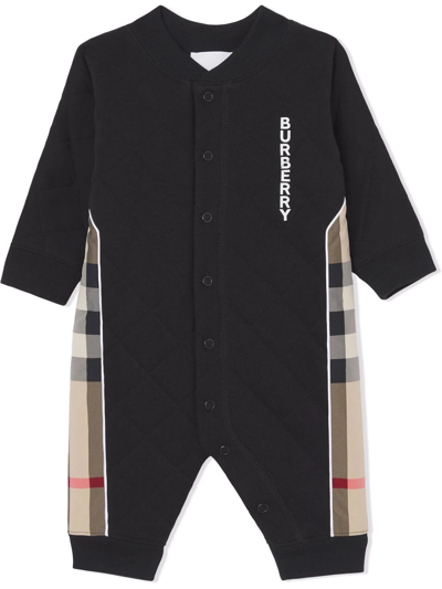 Burberry Babies' Check Panel Diamond-quilted Cotton Romper In Black