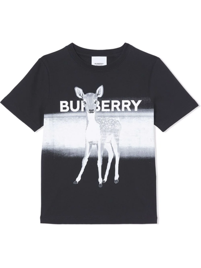Burberry Kids' Deer-print Branded Cotton T-shirt 6-14 Years In Black