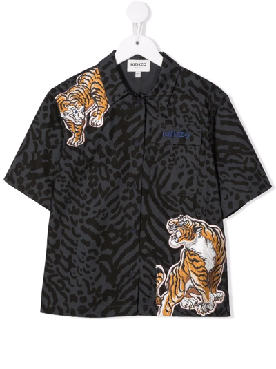 Kenzo Kids' Printed Tiger-appliqué Shirt In Grey