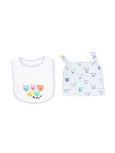 Moschino Babies' Teddy-bear Beanie And Bib Set In Blue