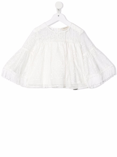 Twinset Kids' Embroidered Frayed-edge Tunic Top In White