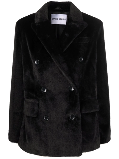 Stand Studio Faux-fur Double-breasted Coat In Black