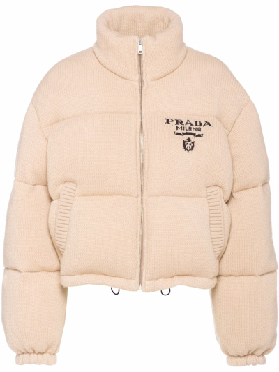 Prada Logo-detail Cashmere Padded Jacket In Neutrals