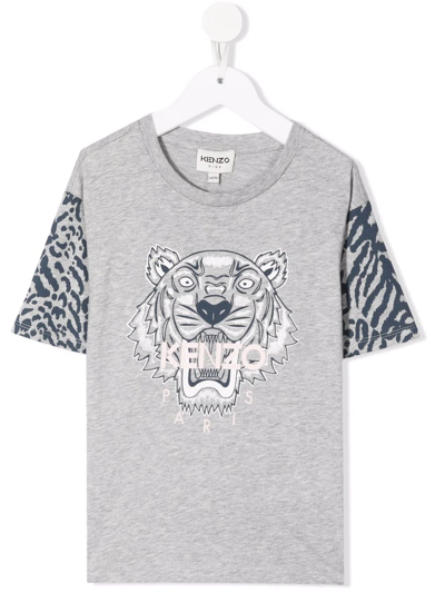 Kenzo Kids' Signature Tiger-print T-shirt In Grey
