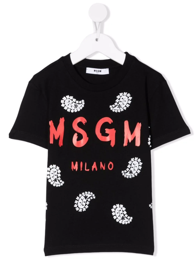 Msgm Kids' Black T-shirt For Girl With Red Logo