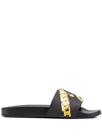 Versace La Greca Chain-print Pool Slides In Black