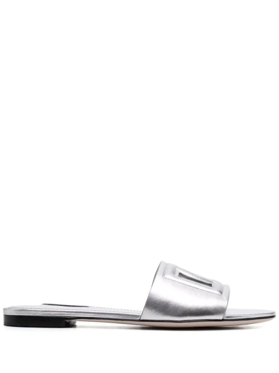 Dolce & Gabbana Cut-out Dg Flat Sandals In Silver