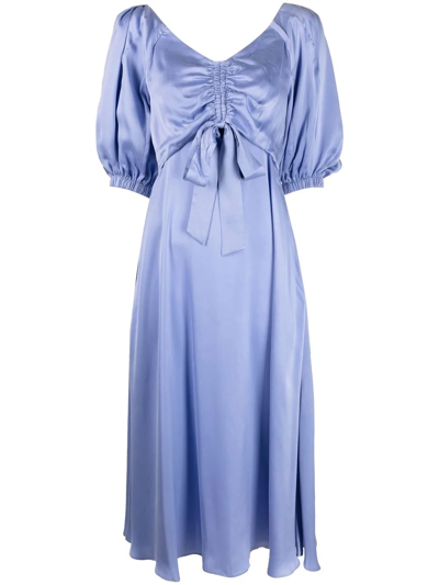 Zimmermann Puff-sleeved Ruched Silk Midi Dress In Blau