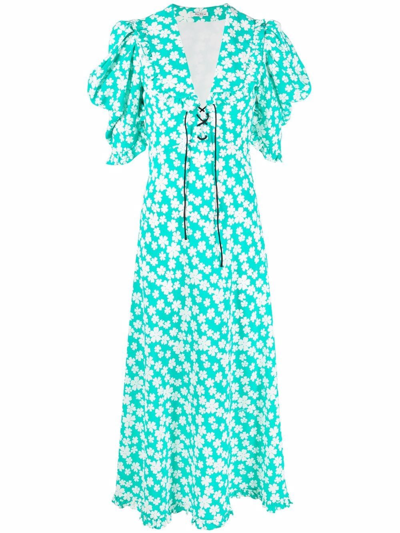 Miu Miu Botanical Ruffle-trim Lace-up Silk Maxi Dress In Green