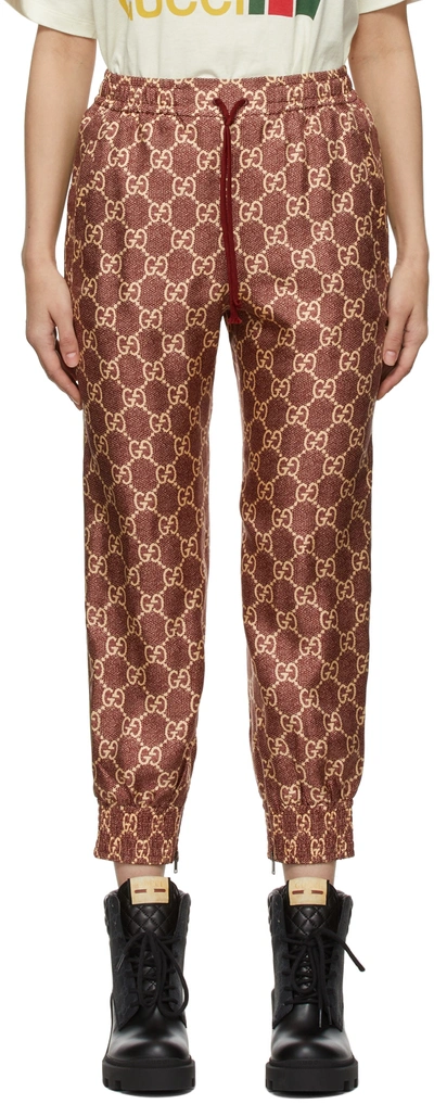 Gucci Burgundy Silk Gg Supreme Lounge Trousers In Red