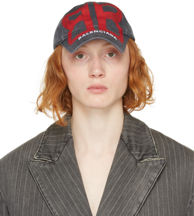 Balenciaga Man Grey Baseball Cap With White And Red Logo