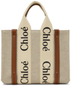 CHLOÉ WHITE & BROWN CANVAS SMALL WOODY TOTE