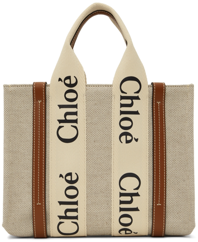 Chloé White & Brown Canvas Small Woody Tote In 1 90u White Brown