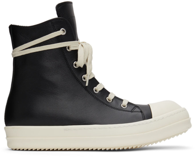 Rick Owens High-top Black Leather Sneakers With Side Zip And Rubber Sole