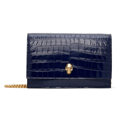 Alexander Mcqueen Navy Croc Small Skull Bag