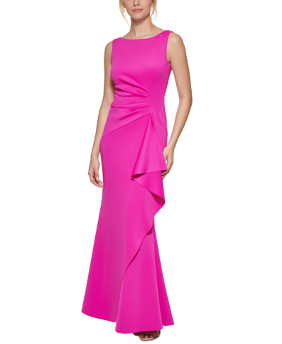 Eliza J Sleeveless Side Tuck Ruffle Gown In Fuchsia