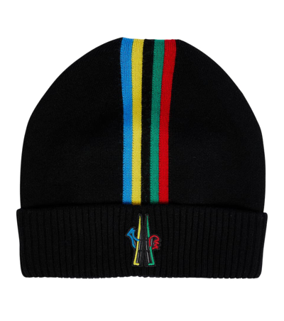 Moncler Logo Striped Wool Beanie In Black