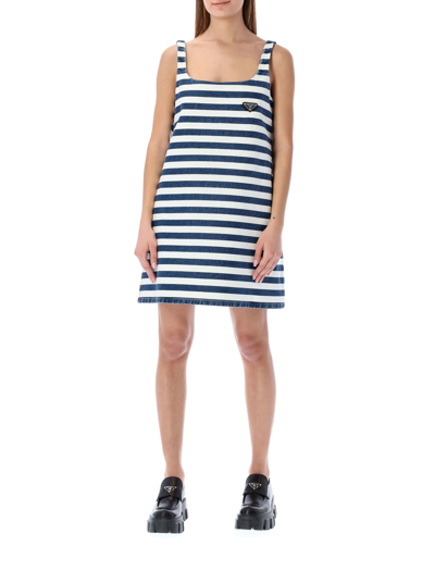 Prada Square-neck Logo Patched Stripe Short Dress In Blue