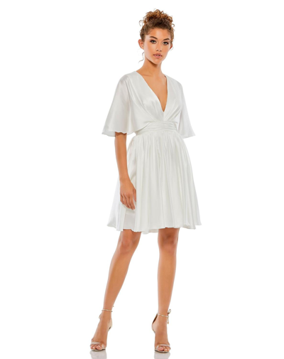 Ieena For Mac Duggal Satin Flowy Cape Sleeve Mini Dress In White