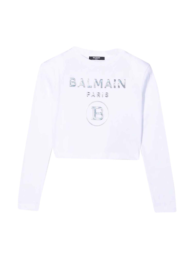 Balmain Teen Logo-print Cotton T-shirt In Bianco/argento