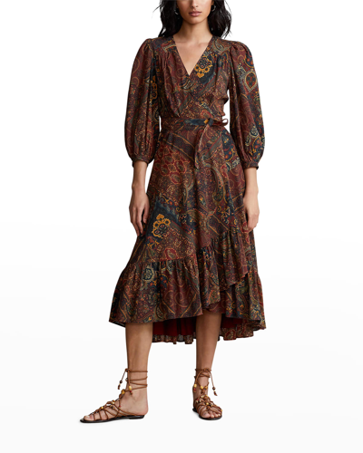 Polo Ralph Lauren Puff-sleeve Printed Wrap Dress In 1186 Multi Patchw