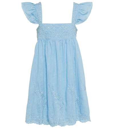 Juliet Dunn Baby Doll Embroidered Cotton Minidress In Blue Acid Wash