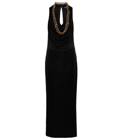 Versace Cutout Chain-embellished Satin Maxi Dress In Black