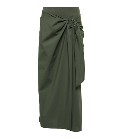 Brunello Cucinelli Wrap Poplin Midi Skirt W/ Monili Detail In Army Green