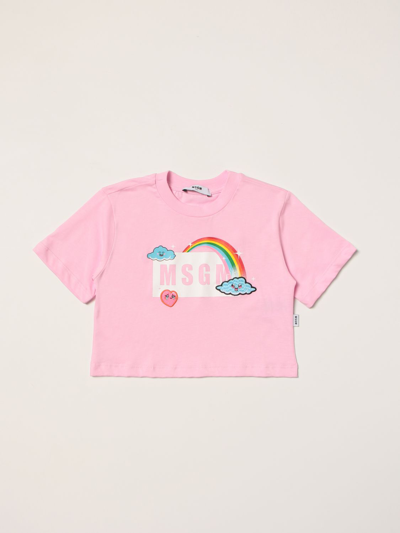 Msgm Kids' Cotton T-shirt With Logo In Pink