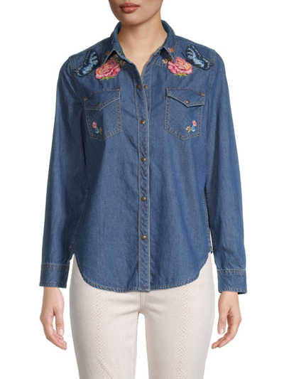 Driftwood Women's Lana Appliqué Denim Shirt In Blue