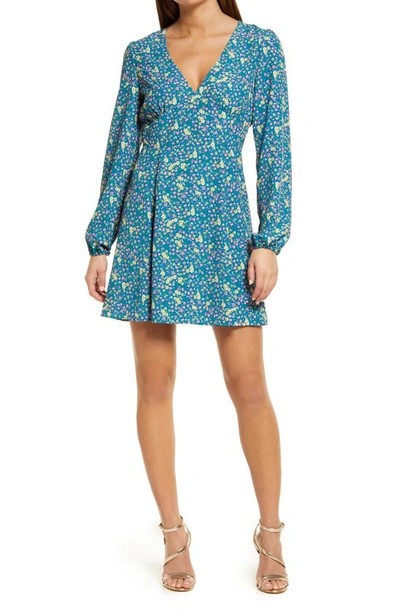 Charles Henry Long Sleeve Floral Mini Dress In Teal/ Gold Ditsy