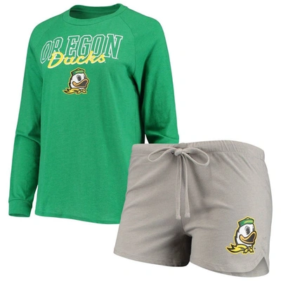 Concepts Sport Women's Green, Gray Oregon Ducks Raglan Long Sleeve T-shirt And Shorts Sleep Set In Green,gray