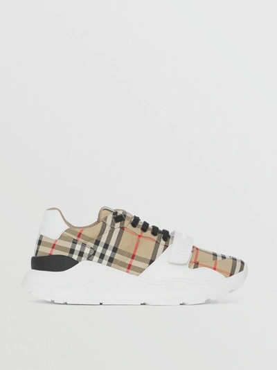 Burberry Check And Leather Sneakers In Archive Beige