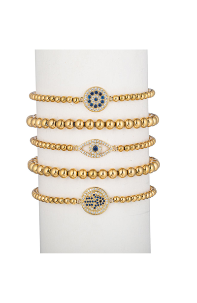Eye Candy Los Angeles Sabrina Cz Evil Eye Titanium Beaded Stretch Bracelet Set In Gold