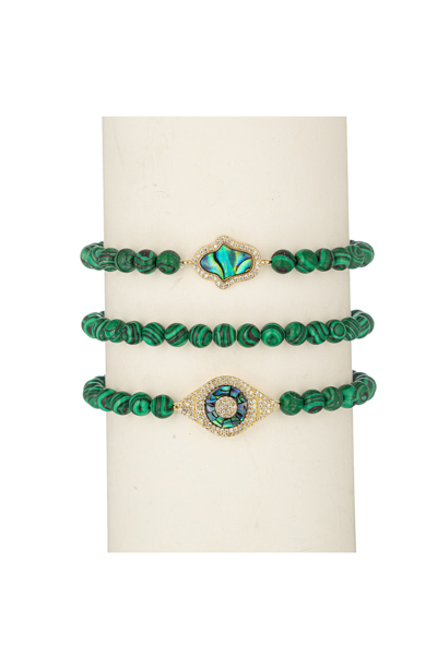 Eye Candy Los Angeles Joy Malachite Stone Beaded Evil Eye & Hamsa Stretch Bracelet Set In Green