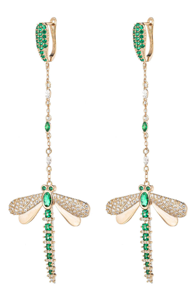 Eye Candy Los Angeles Green Dragonfly Cz Dangle Earrings In Gold