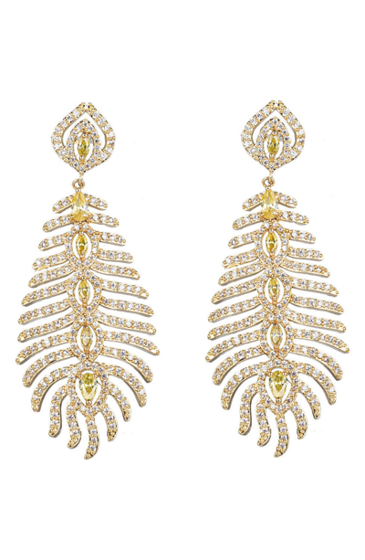 Eye Candy Los Angeles Cz Peacock Feather Drop Earrings In Gold