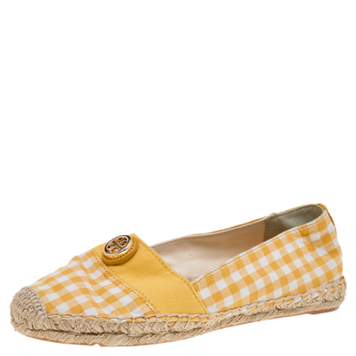 Pre-owned Tory Burch Yellow/white Gingham Fabric And Canvas Espadrille Flats Size 37.5