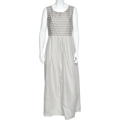 Pre-owned Weekend Max Mara Grey Cotton & Silk Striped Maxi Dress L